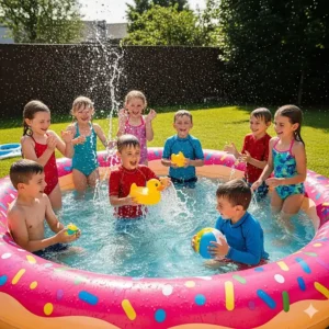 Two children laughing and splashing water while playing in a large donut inflatable pool, perfect for summer fun.