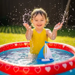 A child playing happily with a toy boat in a small inflatable heart pool.