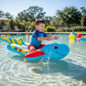 A happy child is playing safely on a brightly colored inflatable pool mat designed for kids in a shallow pool.
