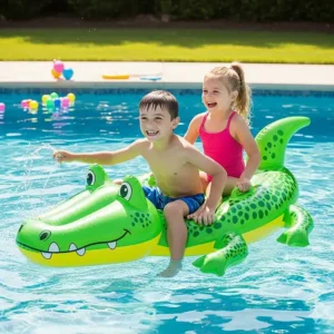Two happy children sitting on a big inflatable alligator pool float, highlighting its suitability for family fun and kids' playtime.
