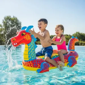 Two children joyfully splashing and playing on a colorful inflatable dragon pool float, perfect for kids' water adventures.