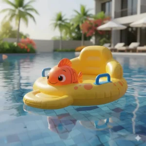 A child's pool float seat with secure handles and a fun, cartoonish design, ensuring safety and enjoyment for kids.
