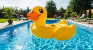 A large inflatable duck pool float floating in a backyard swimming pool on a sunny day.