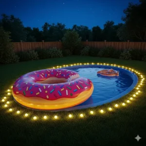 A donut inflatable pool floating in a backyard at night, illuminated by fairy lights, creating a cool and festive atmosphere.