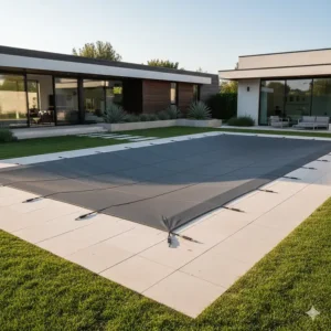 A neat, low-profile mesh pool cover creating a clean aesthetic in a modern backyard, illustrating a cost-effective safety solution.
