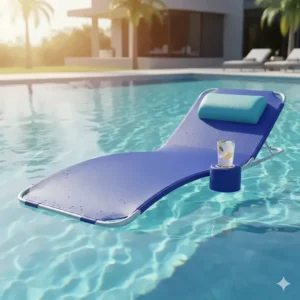 Luxury blue mesh pool chair that floats with headrest and drink holder in a sunny swimming pool.