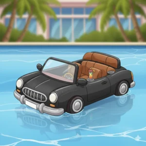 A sleek black inflatable luxury car float with a cushioned backrest and cup holders, floating in a resort pool.