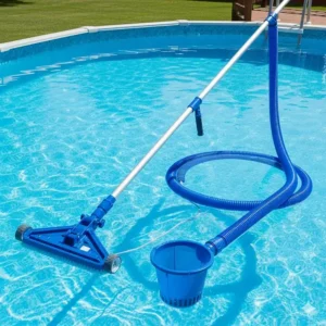 A comprehensive manual pool vacuum kit, including a telescopic pole, vacuum head with wheels, and a hose, ready for use in an above-ground pool.