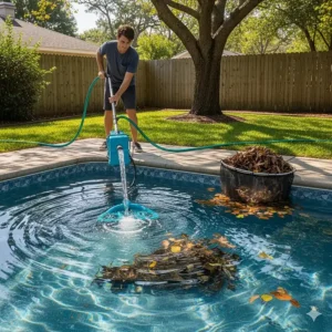 A person using a manual leaf vacuum attached to a garden hose to clear leaves from a small backyard pool.