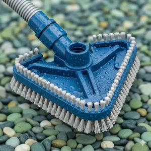 A close-up of a manual pool vacuum head with special brushes, ideal for thoroughly cleaning corners and steps in a Pebble Tec pool.