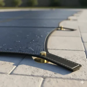Detailed shot of a corrosion-resistant brass anchor securing the webbing of a mesh pool cover to the pool deck.