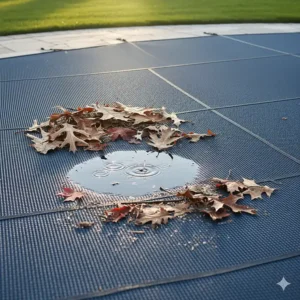 An illustration showing leaves and large debris resting on a mesh pool cover, with water draining through to the pool below.