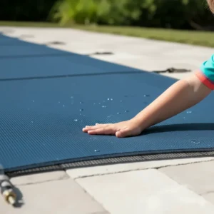Close-up of a child's hand safely resting on the taut surface of a durable mesh pool cover, demonstrating its safety barrier function.