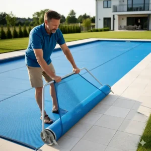 A homeowner easily rolling up a lightweight mesh pool cover for inground pools, highlighting simple one-person installation.