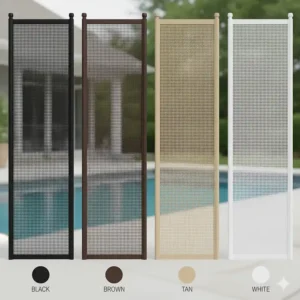 A graphic showcasing the available color options (like black, brown, and tan) for a mesh pool fence to match any home's aesthetic.
