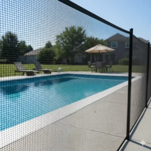 View from a patio showing the clear, unobstructed sightline through a UV-resistant mesh pool fence to the swimming area.