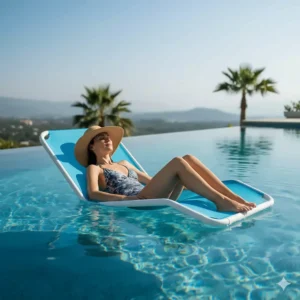 A low-profile, mesh sling-style floating chair, showing how it keeps a person partially submerged for a cooling effect.