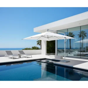 Sleek, modern swimming pool design with a minimalist white in pool umbrella providing sun protection.
