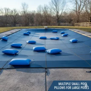 Two or more small pool pillows floating in a large, rectangular pool to distribute ice compensation evenly across a wide area.
