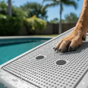 A close-up illustration of a doggie ramp's textured, non-slip surface, designed to provide excellent paw grip even when wet.