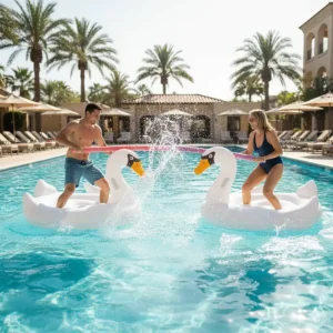 Two people balancing on pool floats or rafts, using pool noodles for a competitive Noodle Joust swimming pool game.