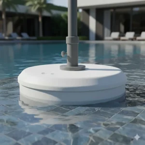 Close-up of a sturdy white base holding a large outdoor in pool umbrella securely.