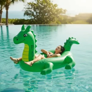A person peacefully relaxes on a large inflatable dragon pool float, drifting lazily in a calm pool, perfect for unwinding.