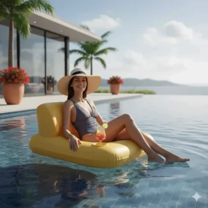 A user enjoying a summer day on a floating pool seat, demonstrating how the product is used for leisure and sunbathing.