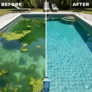 A split image showing the "before" state of a swimming pool with algae and the "after" state, where the water is clear thanks to a pool phosphate remover.