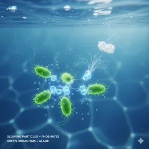 A visual representation of algae feeding on phosphates in pool water, illustrating why using a pool phosphate remover is crucial for long-term algae prevention.