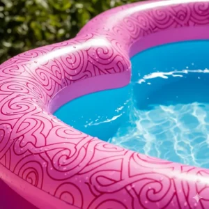 A close-up shot of a unique pink inflatable heart pool with a decorative pattern.