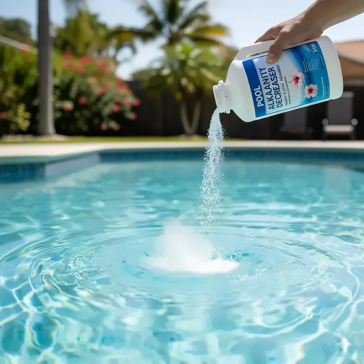 A close-up of a hand pouring a bottle of alkalinity decreaser into a residential swimming pool to lower the pH and total alkalinity levels.