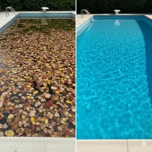 A before-and-after image showing a pool covered in leaves and then sparkling clean, illustrating the results of using the best pool cleaner for leaves.