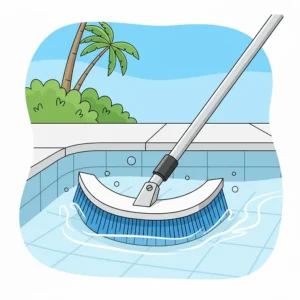 An illustration of a crescent-shaped pool brush, ideal for cleaning hard-to-reach corners and curved surfaces of a swimming pool.
