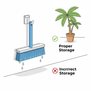 A visual guide showing the correct way to store a pool brush—hanging it to dry completely—to prolong its lifespan.