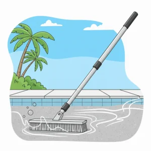A detailed image of a pool brush with durable stainless steel bristles, specifically designed for scrubbing concrete and gunite pool surfaces.