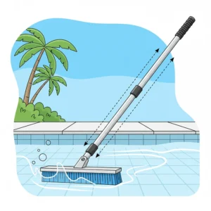 A pool brush for cleaning attached to an extendable telescopic pole, making it easier to reach the entire pool surface.