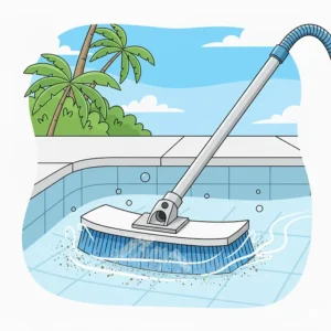 A specialized pool brush for cleaning that features an integrated vacuum port, allowing for simultaneous scrubbing and debris removal.