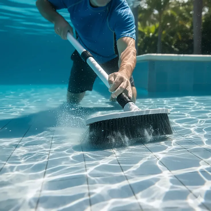 A close-up shot of a person using a pool brush to scrub algae and dirt from the bottom of a swimming pool.
