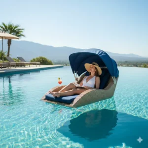 A floating pool chair equipped with a removable sun canopy to provide shade and UV protection.