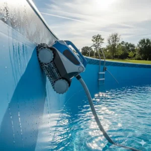 A pool cleaner climbing the slightly sloped wall of an above ground pool, demonstrating its ability to handle vertical surfaces.
