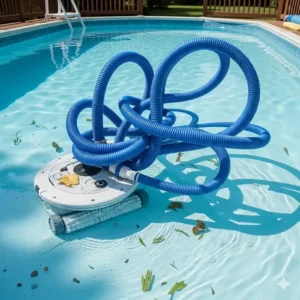 An above ground pool cleaner with its hose tangled, illustrating a common problem with some automatic models.
