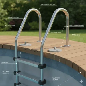 A technical diagram illustrating the proper installation of a pool deck ladder, showing the secure mounting points on both the deck and the pool wall.