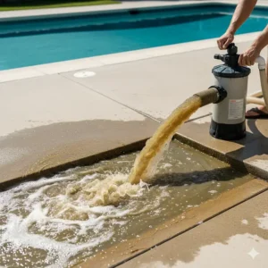 A person backwashing a pool filter to remove the precipitated phosphates and other debris after using a pool phosphate remover. This is a key step in the process.