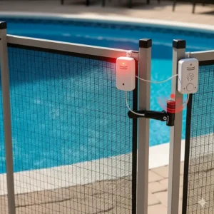A child-safety pool gate with a magnetic contact alarm installed, alerting adults when the gate is opened.