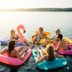 A group of friends floating together on separate inflatable pool mattresses, enjoying a social gathering on the water.