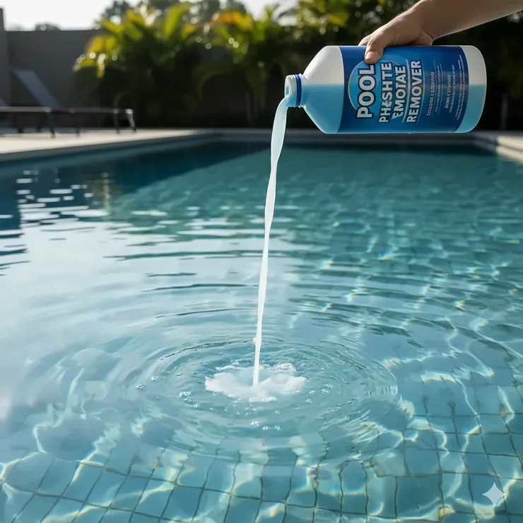 A bottle of pool phosphate remover being poured into a swimming pool to clarify the water and prevent algae growth. The water is sparkling clean.