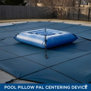 Accessory device called a Pool Pillow Pal securing the pool pillow to the center of the winter cover, keeping the pillow from shifting.