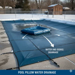 Visual demonstrating how a winter pool pillow elevates the cover center, allowing water, snow, and debris to drain toward the pool's edges.