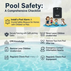 A comprehensive pool safety checklist highlighting a pool alarm as a crucial safety measure for homes with children or pets.